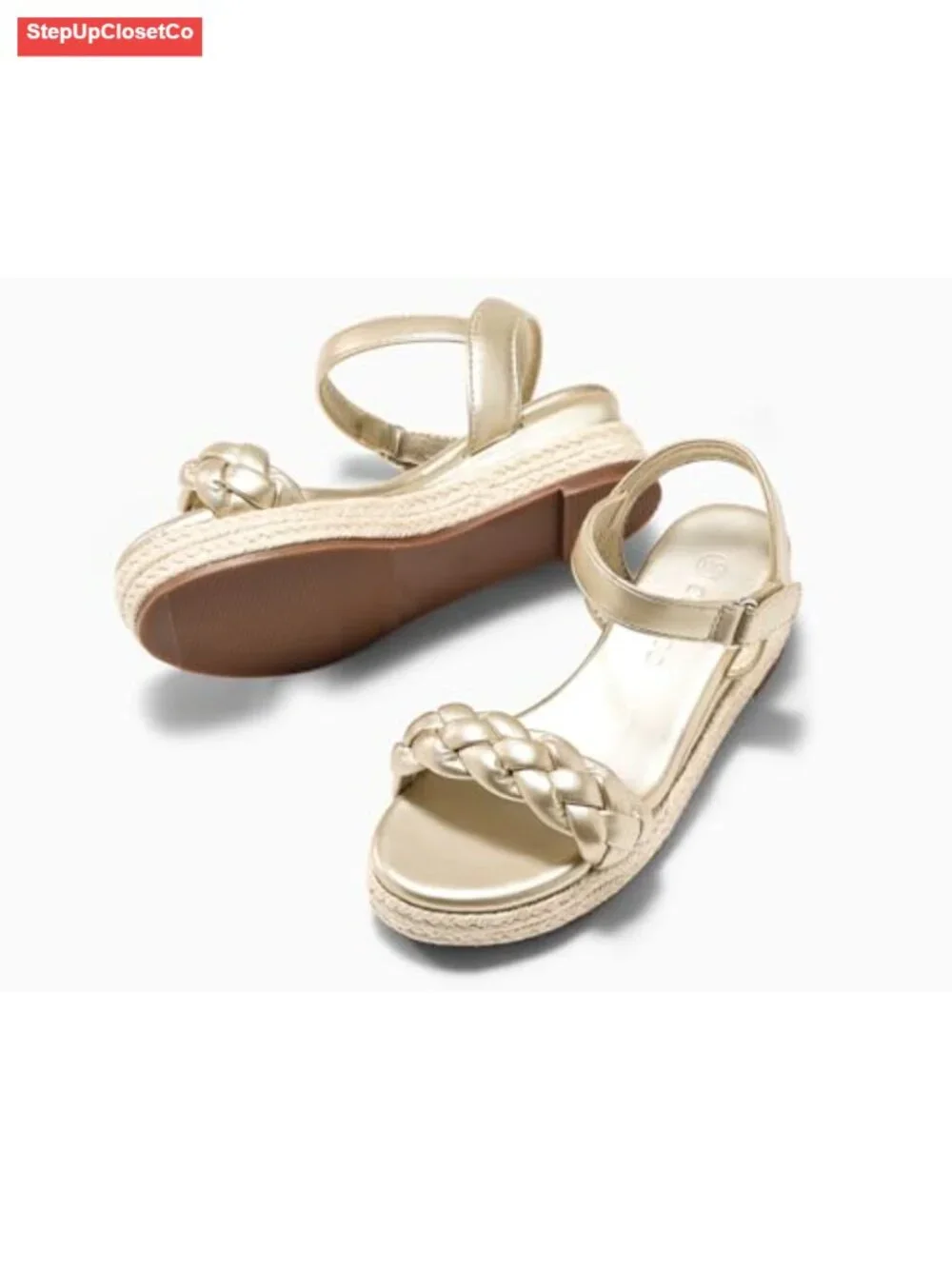 Girls Espadrille Braid Open Toe Ankle Strap Wedge Sandals - Picture 4 of 6